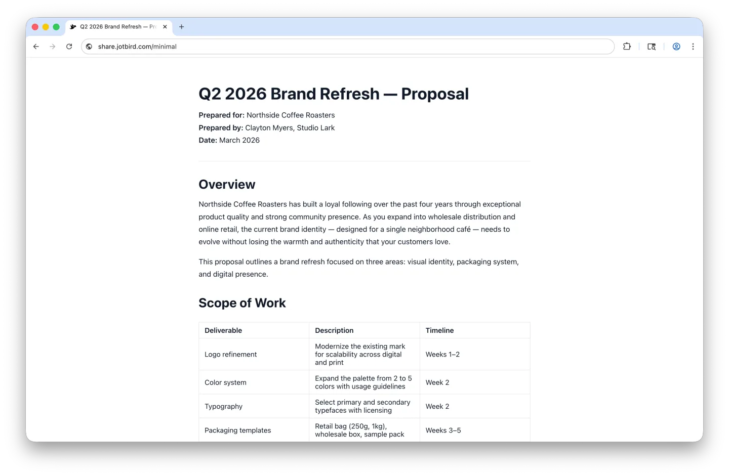 Minimal theme showing a brand refresh proposal with tables and clean typography